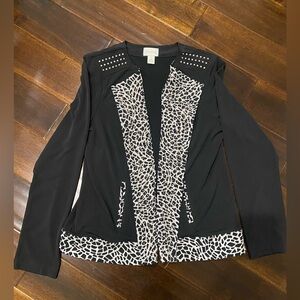 Chicos Jacket Womens  1 Black White Animal Leopard Studded Open Topper